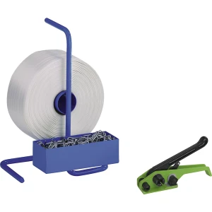 kaiserkraft Conjunto de cintagem, fita de PET entrelaçado, aparelho tensor, desenrolador de fita portátil, fita, grampos metálicos, largura da fita 16