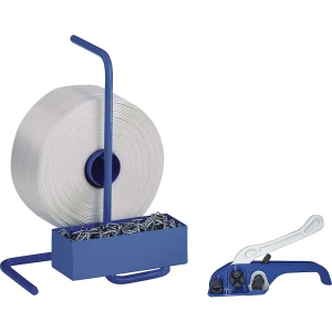 Umreifungs-Set, PET-Kraftband gewebt, Spanngerät, tragbarer Abroller, Band, Metallklemmen, Bandbreite 25 mm kaiserkraft