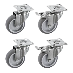 Proroll Set aus thermoplastischen Gummireifen, Gehäuse Edelstahl, Montageplatte, 4 Lenkrollen, davon 2 mit Doppelstopp, Rad-Ø x Breite 50 x 19 mm