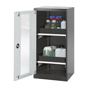 asecos Labor-Chemikalienschrank, 1-türig, halbhoch, 2 Auszüge, mit Sichtfenster, grau