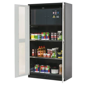 asecos Chemikalienschrank, Tür mit Sichtfenstern, mit Gefahrstoffbox Typ 30, lichtgrau