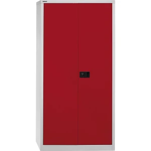 BISLEY UNIVERSAL Flügeltürenschrank, HxBxT 1950 x 914 x 400 mm, 4 Fachböden, 5 Ordnerhöhen, lichtgrau / kardinalrot