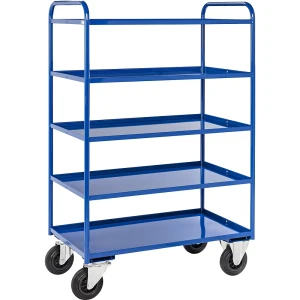 Kongamek Etagenwagen KM41, 5 Etagen mit Aufkantung, LxBxH 955 x 550 x 1490 mm, blau, 2 Lenkrollen mit Stopp, 2 Bockrollen, ab 5 Stk