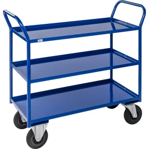 Kongamek Tischwagen KM41, 3 Etagen mit Aufkantung, LxBxH 1070 x 550 x 1000 mm, blau, 2 Lenk- und 2 Bockrollen, ab 5 Stk