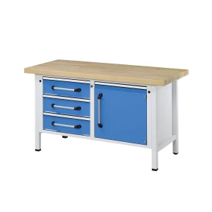 eurokraft pro Werkbank, Gestellbauweise, Breite 1500 mm, 3 Schubladen, 1 Tür, Buche massiv