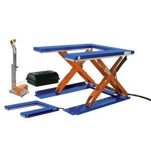 Edmolift Flachform-Hubtisch, LxB 1450 x 1085 mm, Hubbereich bis 800 mm, Plattform U-Form, 230 V, Fuß-Bedienelement