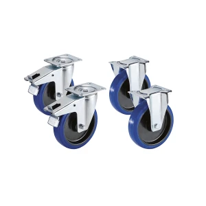Proroll Set aus Vollelastik-Reifen auf Kunststoff-Felge, 2 Lenkrollen mit Doppelstopp, 2 Bockrollen, Rad-Ø x Breite 100 x 36 mm
