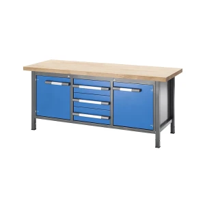 eurokraft pro Höhenverstellbare Werkbank, Gestellbauweise, 3 Schubladen, 2 Flügeltüren, Breite 2000 mm, anthrazit / blau