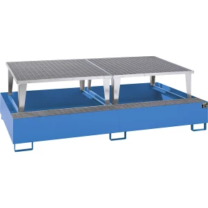 eurokraft pro Stahl-Auffangwanne für Tankcontainer IBC / KTC, LxBxH 2650 x 1460 x 865 mm, mit 2 Abfüllaufsätzen, Auffangvolumen 1000 l, lackiert, blau