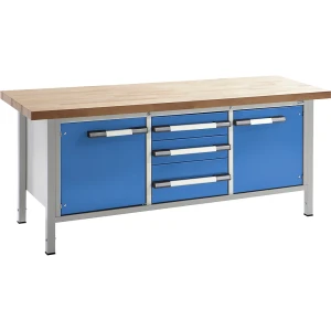eurokraft pro Höhenverstellbare Werkbank, Gestellbauweise, Breite 2000 mm, 3 Schubladen, 2 Türen, grau / blau