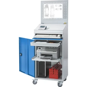 eurokraft pro Estação de trabalho para computadores, chapa de aço , AxL 1770 x 650 mm, com painel perfurado e encaixe para púlpito, cor da porta azul