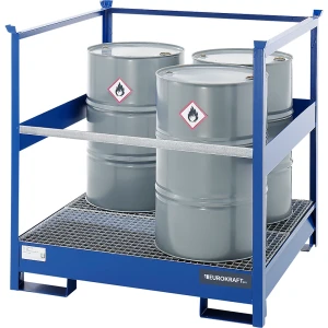 eurokraft pro Fass-Auffangwanne für Transport und Lagerung, Rücken- und Seiten-Stahlrahmen offen, stapelbar, für 4 Fässer, blau