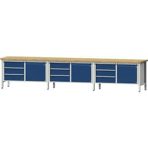 ANKE Bancada de trabalho extra larga, estrutura modular , 3 portas, 9 gavetas com extração parcial, tampo em faia maciça, Bancada de trabalho extra