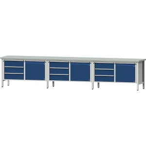 ANKE Bancada de trabalho extra larga, estrutura modular , 3 portas, 9 gavetas com extração parcial, tampo com revestimento em chapa de aço, Bancada de