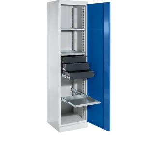 eurokraft pro Materialschrank, Breite 500 mm, 3 Ausziehböden, 3 Schubladen, Tür enzianblau