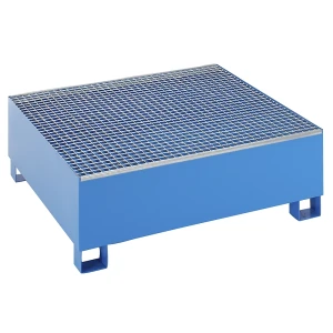 eurokraft basic Stahl-Auffangwanne für 200-l-Fässer, LxBxH 1200 x 1200 x 415 mm, mit Zulassung, blau pulverbeschichtet, mit Gitterrost