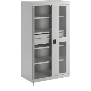 LISTA Schwerlastschrank, 3 Fachböden, 2 Schubladen mit Sichtfenstertüren, lichtgrau