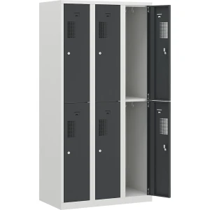 eurokraft basic Doppelstock-Spind Amsterdam, 3 Abteile, Breite 900 mm, 6 Fächer, lichtgrau / basaltgrau