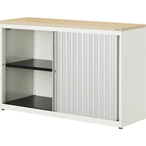 mauser Querrollladenschrank, HxBxT 830 x 1200 x 432 mm, Kunststoffplatte, 1 Fachboden, reinweiß / alufarben / Ahorn