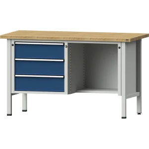 ANKE Werkbank, Gestellbauweise Serie V, 3 Schubladen, ½ Ablageboden, Arbeitshöhe 890 mm, Buche massiv