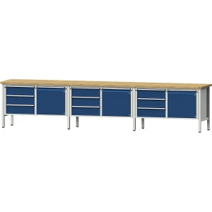 ANKE Werkbank extrabreit, Gestellbauweise, 3 Türen, 9 Schubladen mit Vollauszug, Arbeitshöhe 890 mm, Buchemassivplatte