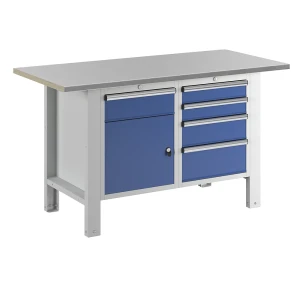 eurokraft basic Werkbank, Baukastensystem, Plattenbreite 1500 mm, 5 Schubladen, 1 Tür, Stahlblechbelagplatte