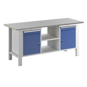 eurokraft basic Werkbank, Baukastensystem, Plattenbreite 1850 mm, 2 Schubladen, 2 Türen, Stahlblechbelagplatte