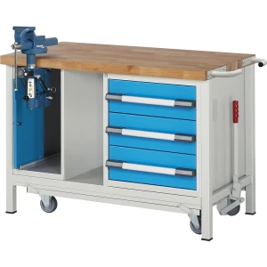 eurokraft pro Fahr- und absenkbare Werkbank, Gestellbauweise Serie 8000, 3 Schubladen, Klapplift-Schraubstock, BxT 1250 x 700 mm