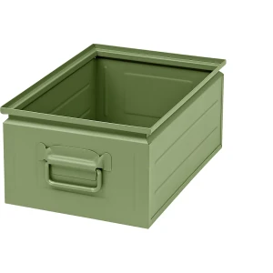 kaiserkraft Caixa empilhável em chapa de aço, volume aprox. 25 l, verde reseda RAL 6011, Caixa empilhável em chapa de aço, volume aprox. 25 l, verde