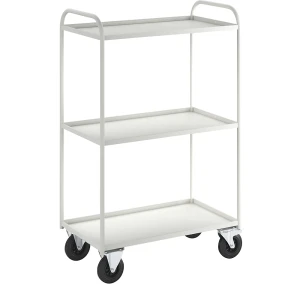 Kongamek Etagenwagen KM41, 3 Etagen mit Aufkantung, LxBxH 955 x 550 x 1490 mm, weiß, 2 Lenkrollen mit Stopp, 2 Bockrollen