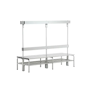 Sypro Banco de vestiário com ripas de alumínio , AxP 1650 x 725 mm, de dois lados, comprimento 2000 mm, 12 ganchos, cinzento claro, grade para