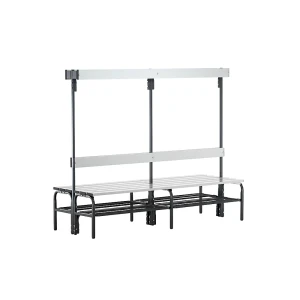 Sypro Banco de vestiário em aço inoxidável , AxP 1650 x 725 mm, comprimento 1500 mm, 12 ganchos, antracite, grade para sapatos, Banco de vestiário em