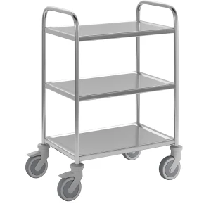 Edelstahl-Servierwagen, 3 Etagen, thermoplastische Gummibereifung, LxBxH 700 x 470 x 970 mm kaiserkraft