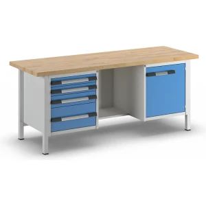 eurokraft pro Werkbank, Gestellbauweise Serie 8000, 4 Schubladen: 2 x 90, 1 x 120, 1 x 240 mm, 1 Tür 540 mm, Mitte offen, BxT 2000 x 700 mm