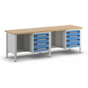 eurokraft pro Werkbank, Gestellbauweise Serie 8000, 8 Schubladen: 4 x 120, 4 x 150 mm, extrabreit, BxT 2500 x 700 mm