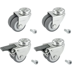 Proroll Set Doppelrollen aus thermoplastischen Gummireifen, 4 Lenkrollen davon 2 mit Doppelstopp, mit Rückenloch, Rad-Ø x Breite 50 x 19 mm,