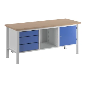 kaiserkraft Bancada de trabalho, largura 2000 mm, 3 gavetas 1 x 125/2 x 175 mm, 1 porta 475 mm, cinzento claro/azul genciana, Bancada de trabalho,
