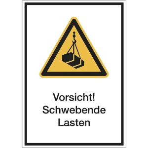 Kombischilder mit Text für Warnkennzeichen, Vorsicht! Schwebende Lasten, VE 10 Stk, Folie, LxH 130 x 185 mm kaiserkraft