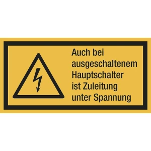 kaiserkraft Kombischilder mit Text für Warnkennzeichen, Auch bei ausgeschaltetem Hauptschalter ist Zuleitung unter Spannung, VE 10 Stk, Folie, LxH 52