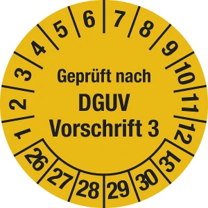 Geprüft nach DGUV, Vorschrift 3, Dokumentenfolie, Ø 30 mm, VE 10 Stk, 26 - 31, gelb kaiserkraft