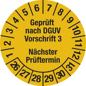 Geprüft nach DGUV Vorschrift 3, Dokumentenfolie, Ø 30 mm, VE 10 Stk, 26 - 31, gelb kaiserkraft