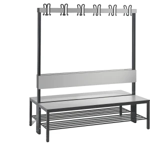 C+P Umkleidebank COMFORT, doppelseitig, HPL, Lehne und Hakenleiste, Länge 1500 mm, silbergrau, Schuhrost