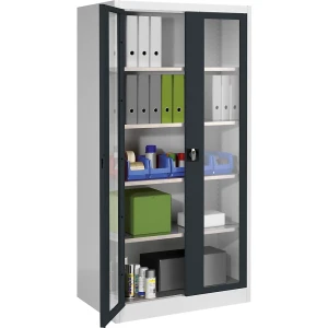 mauser Sichtfenster-Flügeltürschrank, mit 4 Fachböden, HxB 1950 x 950 mm, Tiefe 600 mm, lichtgrau/anthrazitgrau
