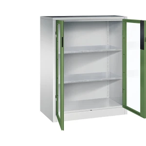 C+P Sichtfenster-Flügeltürschrank, HxBxT 1200 x 930 x 500 mm, 2 Fachböden, lichtgrau / resedagrün