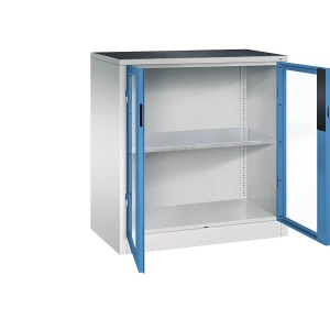 C+P Sichtfenster-Flügeltürschrank, HxBxT 1000 x 930 x 500 mm, 1 Fachboden, lichtgrau / lichtblau