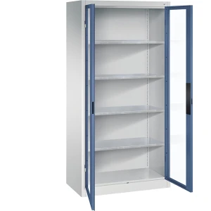 C+P Sichtfenster-Flügeltürschrank, HxBxT 1950 x 930 x 500 mm, 4 Fachböden, lichtgrau / fernblau