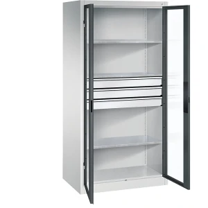 C+P Sichtfenster-Flügeltürschrank, HxBxT 1950 x 930 x 600 mm, 3 Fachböden, 3 Schubladen, lichtgrau / anthrazitgrau