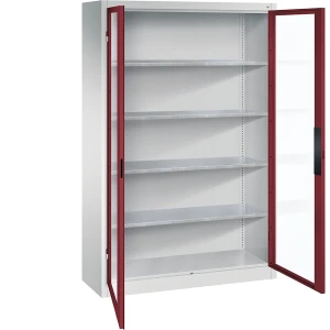 C+P Sichtfenster-Flügeltürschrank, HxBxT 1950 x 1200 x 400 mm, 4 Fachböden, lichtgrau / rubinrot