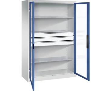 C+P Sichtfenster-Flügeltürschrank, HxBxT 1950 x 1200 x 500 mm, 3 Fachböden, 3 Schubladen, lichtgrau / enzianblau