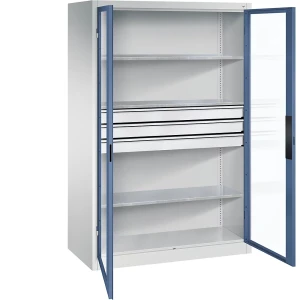C+P Sichtfenster-Flügeltürschrank, HxBxT 1950 x 1200 x 600 mm, 3 Fachböden, 3 Schubladen, lichtgrau / fernblau